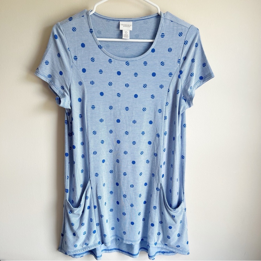 Chicos Blue Whited Striped Dotted Short Sleeve Tunic Blouse 0